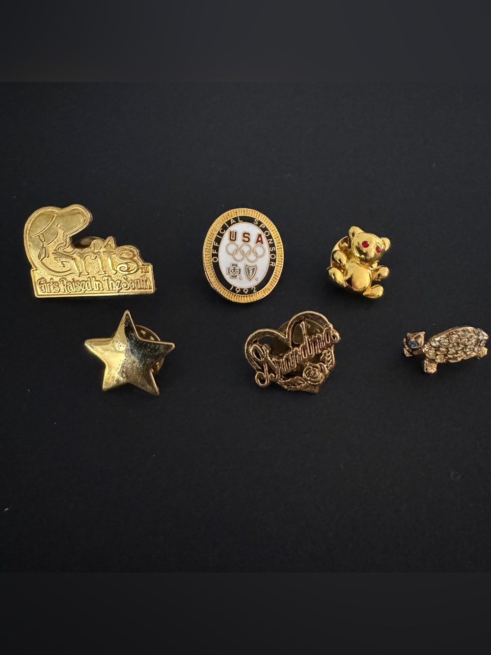 Vintage Lapel Pin Lot 6 1992 Olympics GRITS Grandma Teddy Star Turtle Gold Tone
